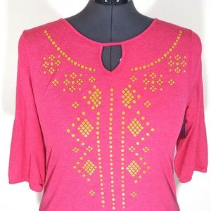 Boho Glitter Keyhole Neck Tee Pink Heather